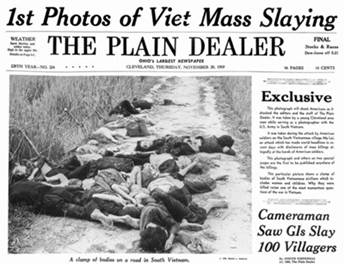 Plain Dealer front page reports mass killing of between 347 and 504 South Vietnamese civilians by U.S. Army soldiers on March 16, 1968